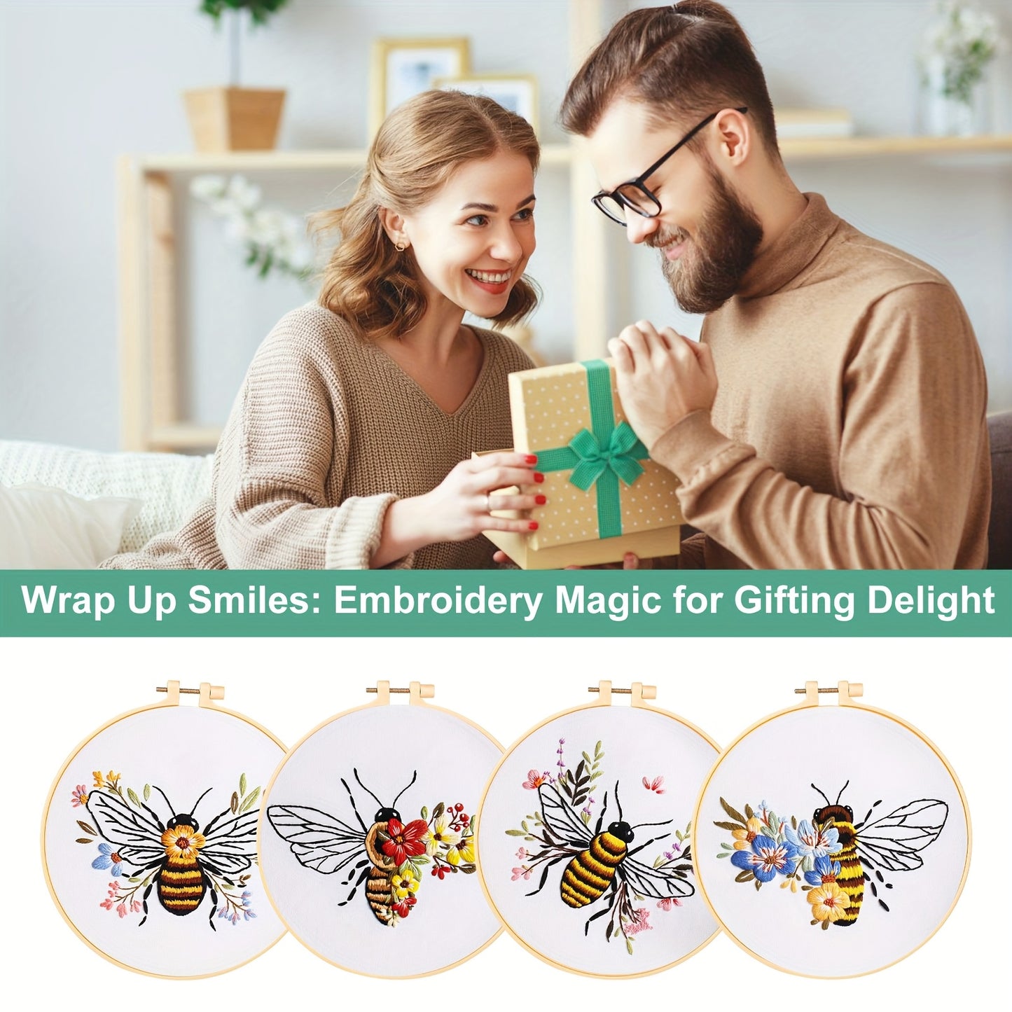 4pcs Bee Pattern Embroidery Kit for Beginners DIY Craft Set