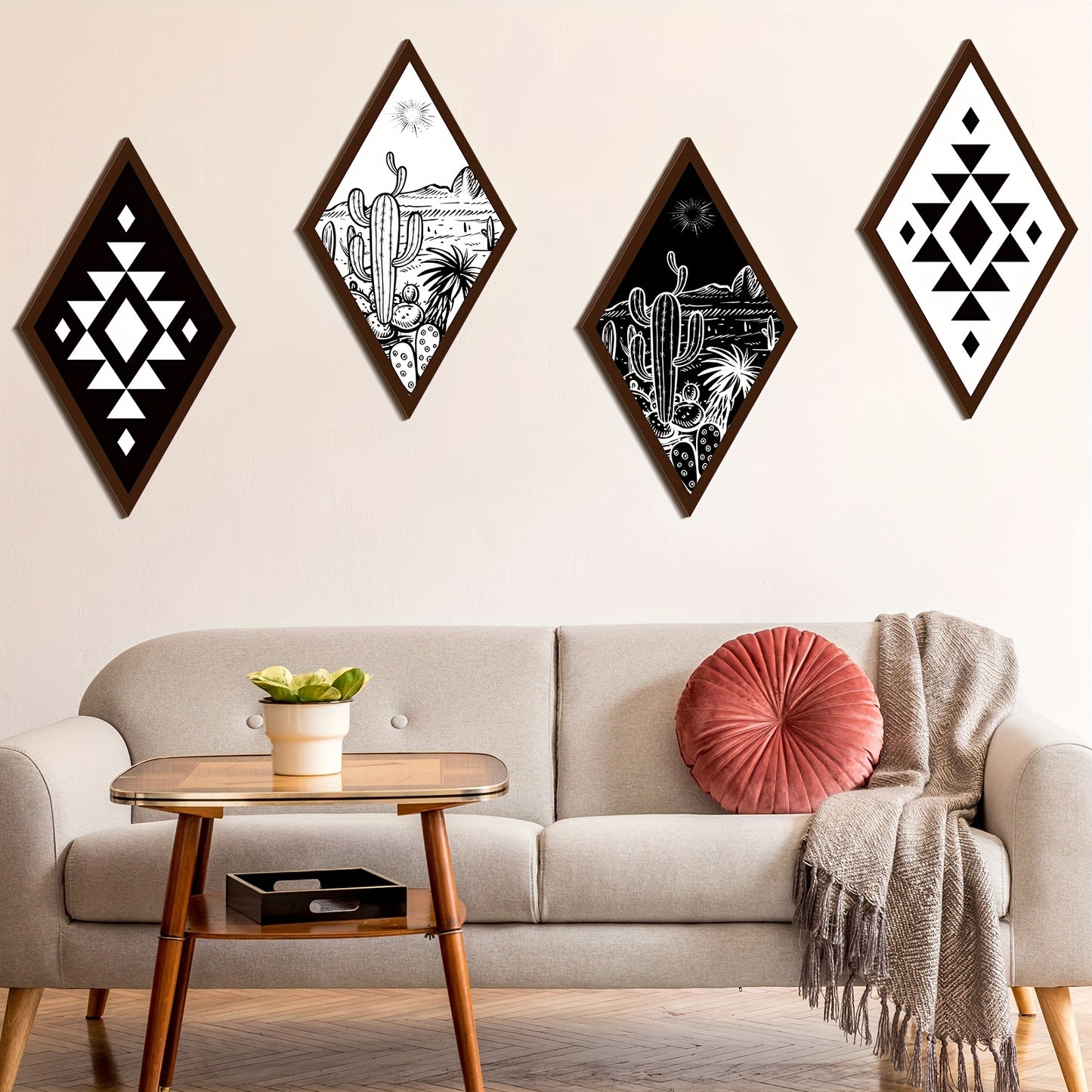 Boho Cactus Wall Decor Set of 4 Aztec Farmhouse Art Pieces