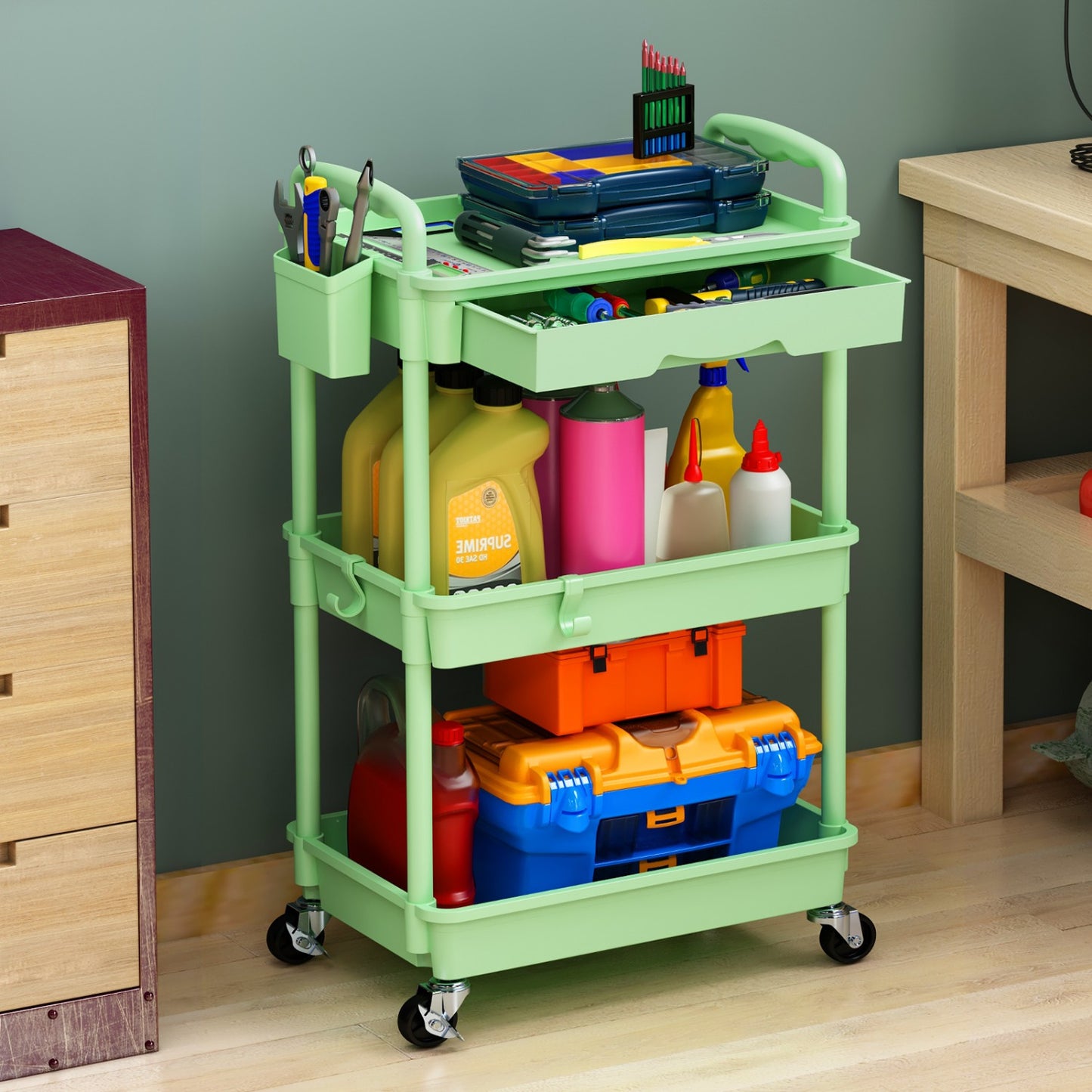 Rolling Utility Cart Organizer with Removable Drawer in White