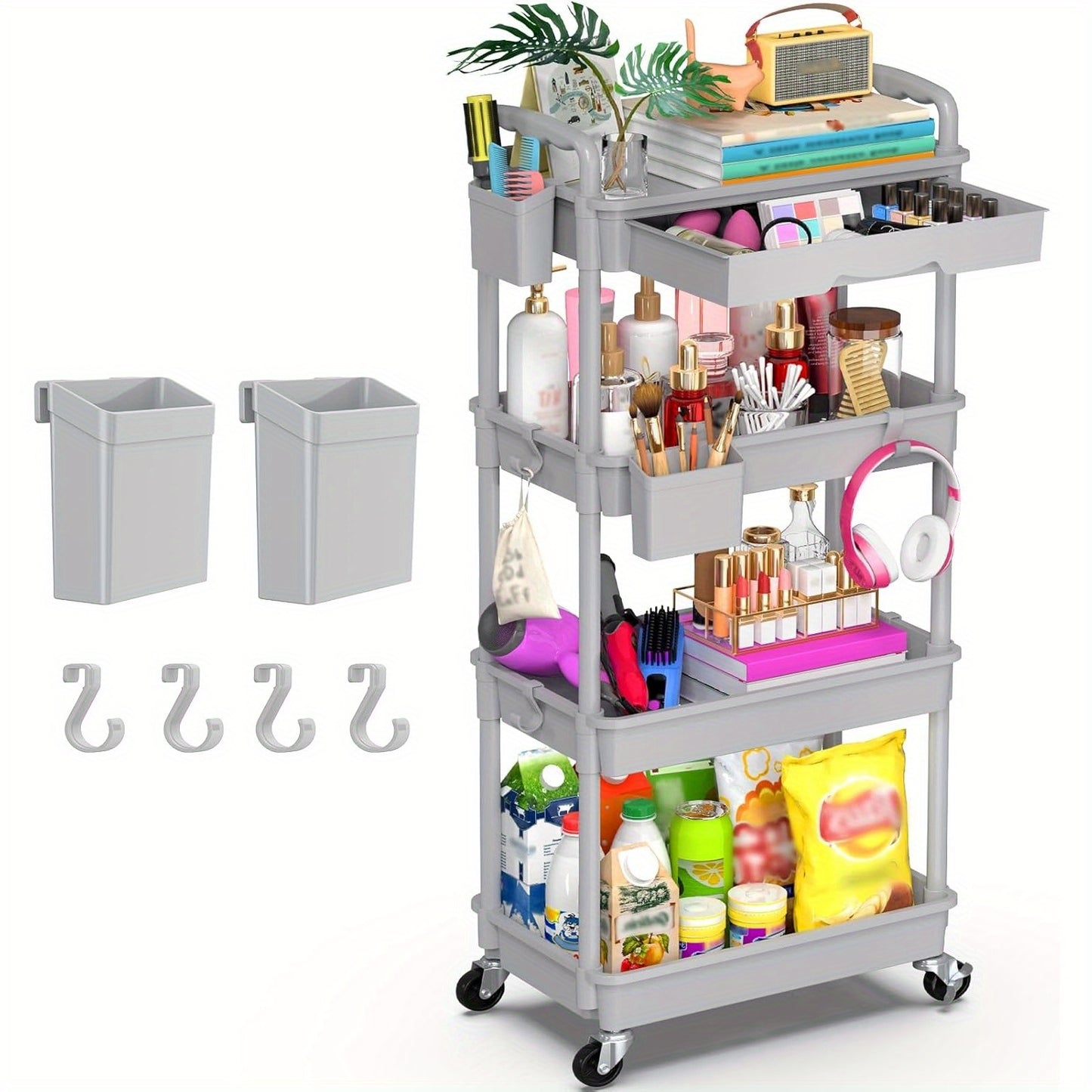 Rolling Utility Cart Organizer with Removable Drawer in White