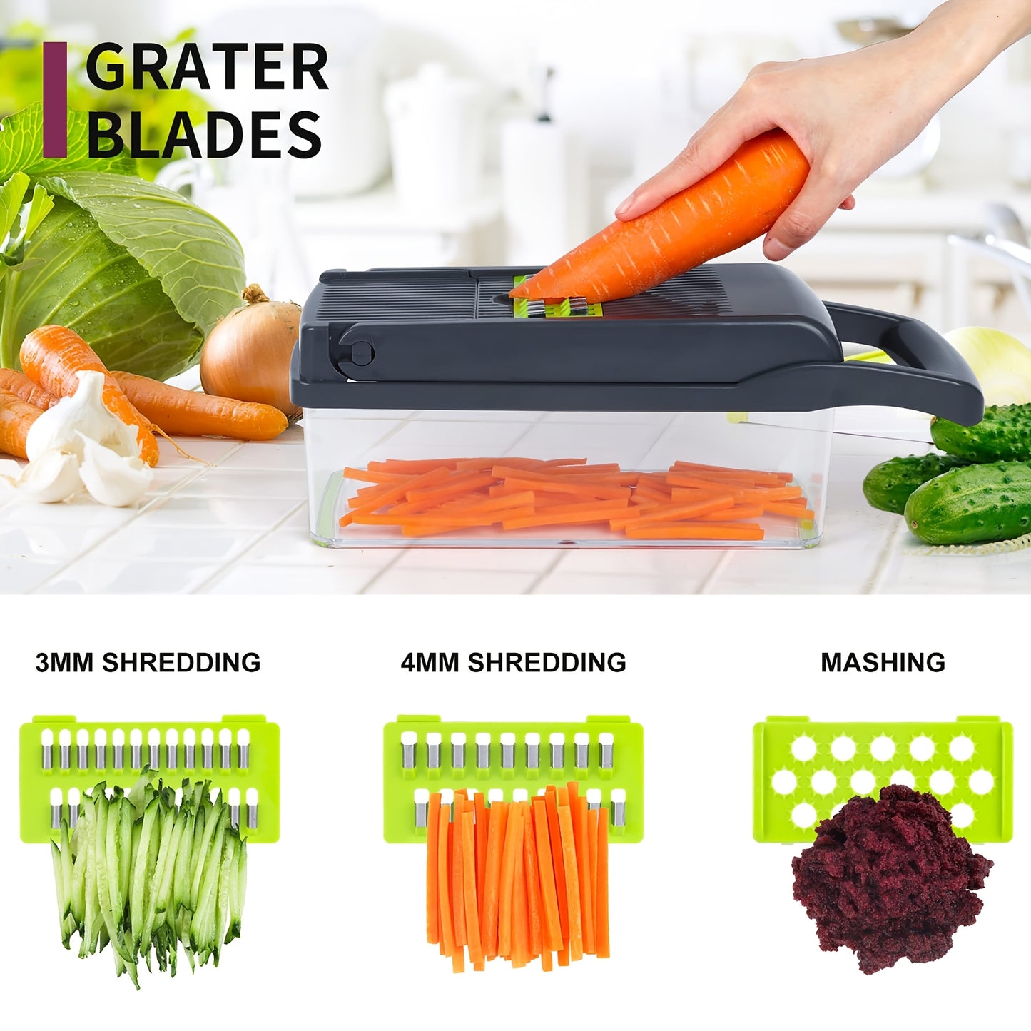 14 Piece Set Upgraded Vegetable Chopper Multifunctional Fruit Slicer Handle Food Grater Vegetable Slicer Cutter With Container Onion Mincer Chopper With Multiple Interchangeable Blades Household Potato Shredder Kitchen