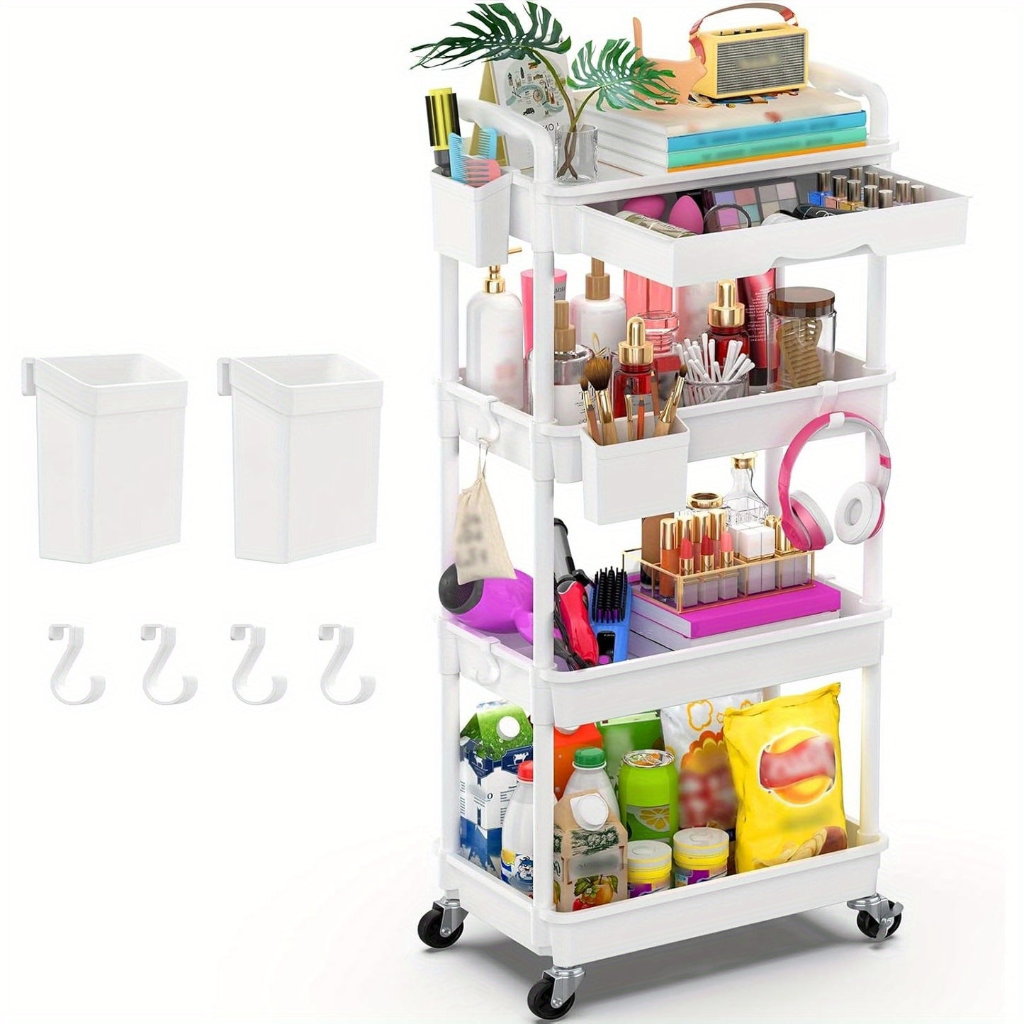 Rolling Utility Cart Organizer with Removable Drawer in White