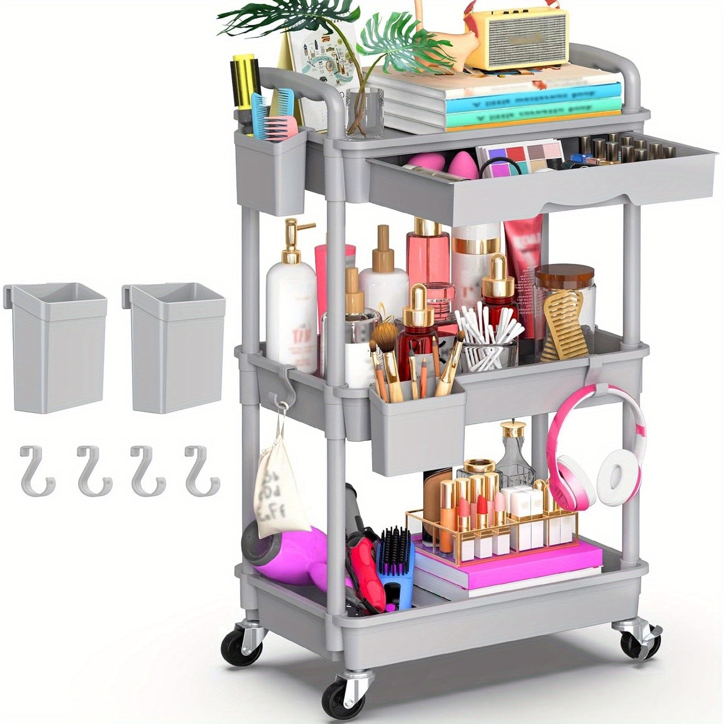 Rolling Utility Cart Organizer with Removable Drawer in White