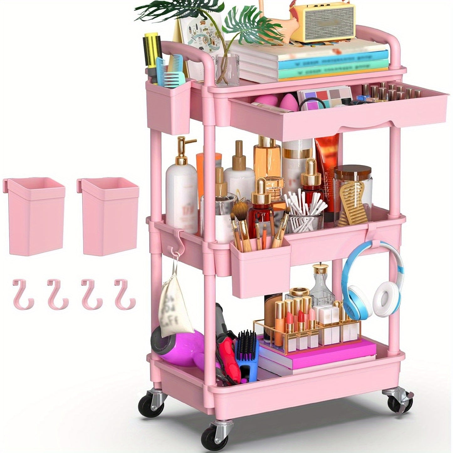 Rolling Utility Cart Organizer with Removable Drawer in White
