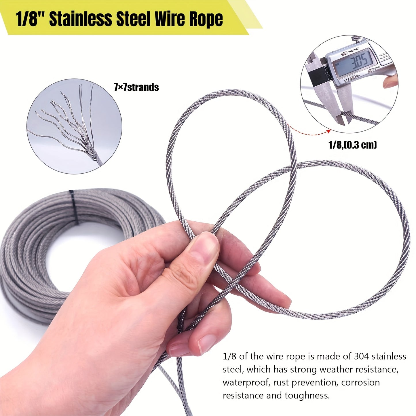 WERHOO 1/8 Inch Stainless Steel Wire Rope with Crimping Sleeves