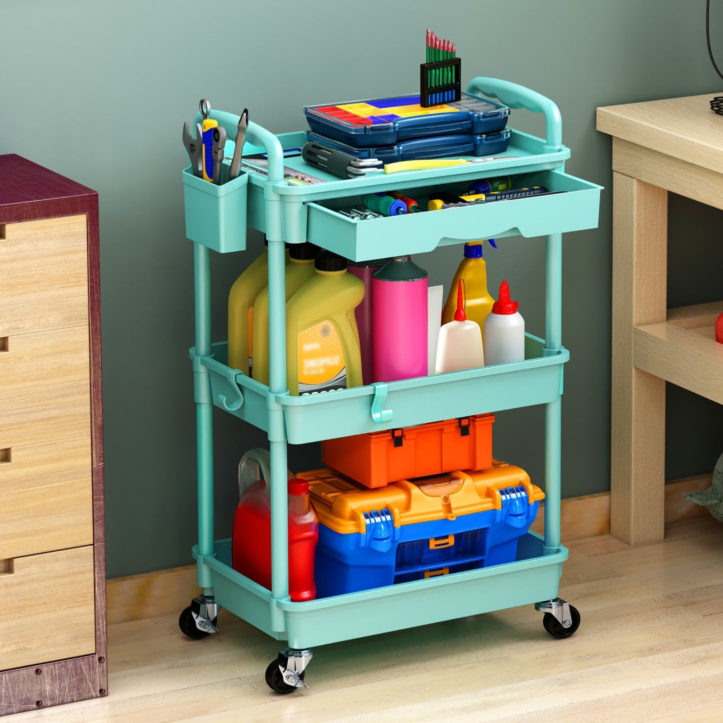 Rolling Utility Cart Organizer with Removable Drawer in White