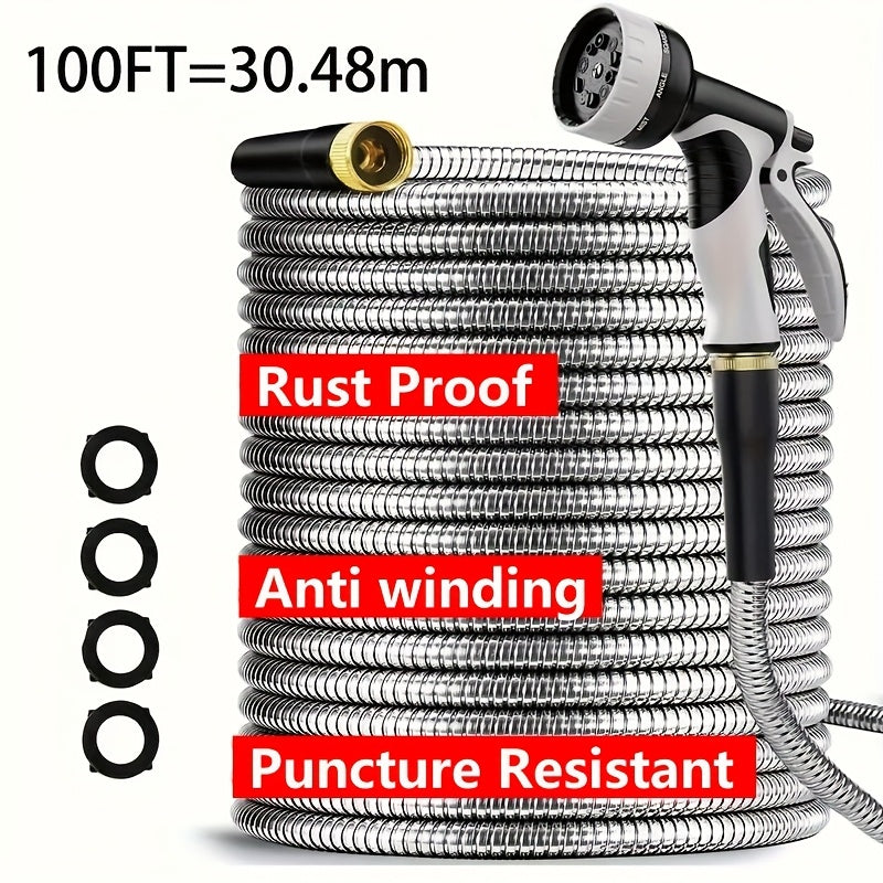 100ft Heavy Duty Stainless Garden Hose With 10 Nozzles