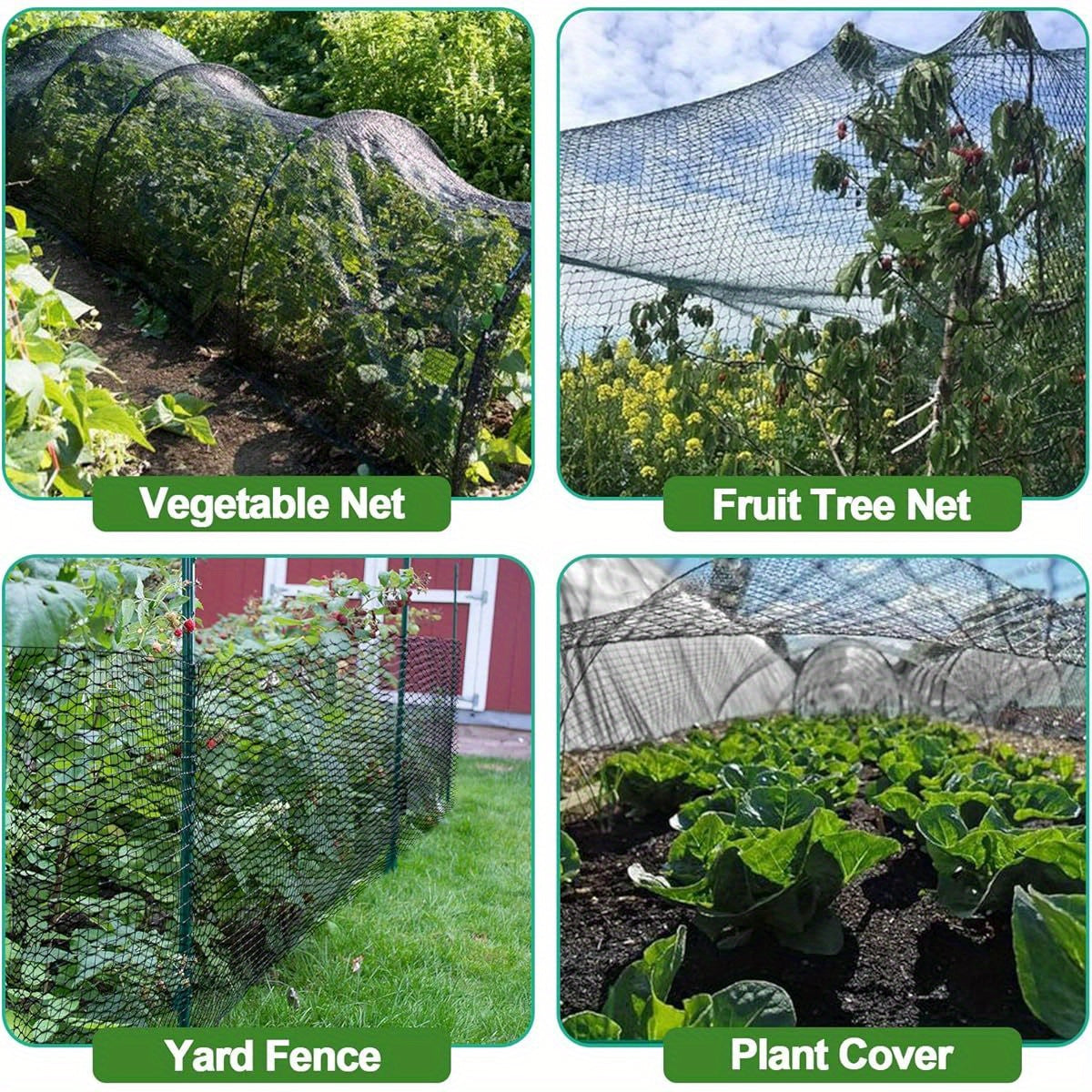 13x32ft Heavy Duty Garden Netting with 0.8 Inch Mesh Durable Black Bird Netting for Chicken Coop Deer Fence Fruit Trees and Vegetables Protects Against Birds Squirrels and Small Animals with Metal Staples and Rubber Bands
