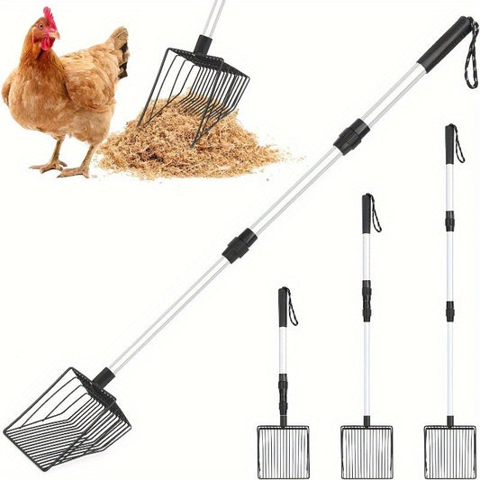 Heavy Duty 3 in 1 Chicken Manure Shovel Adjustable Long Handle Durable Metal Design Easy Screening for Pine Wood Pellets and Chicken Coop Cleaning Essential Tool for Poultry Care and Maintenance