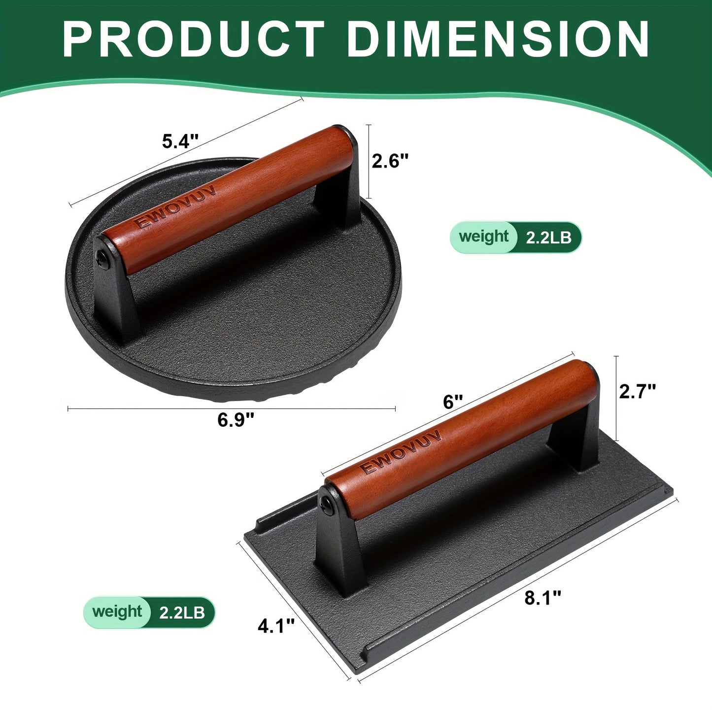 2 Pieces Burger Press Set Heavy Duty Cast Iron Round and Rectangle Meat Smash Press with Wood Handle for Griddle and Nonstick Pan