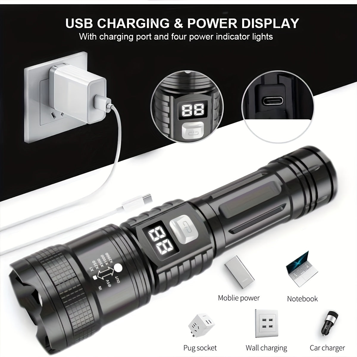 Rechargeable High Power LED Flashlights Zoomable Spotlight