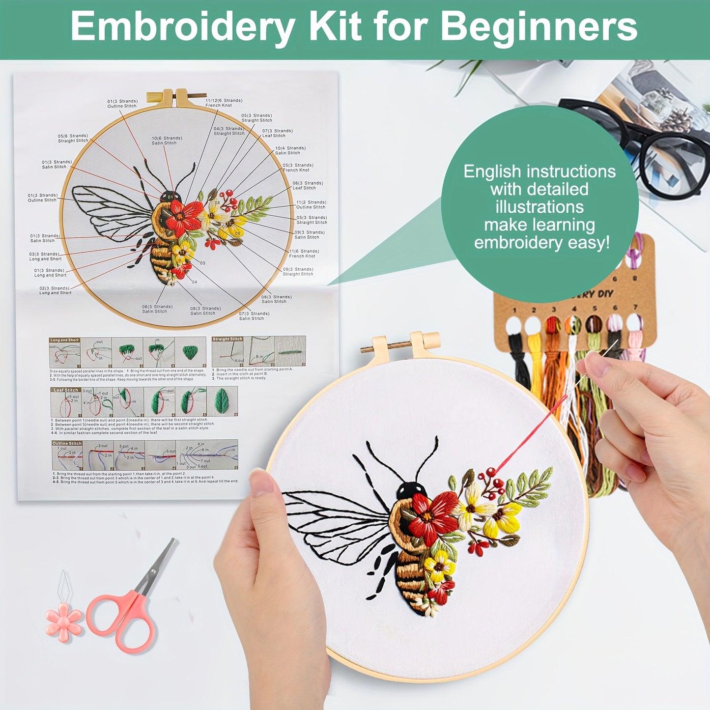 4pcs Bee Pattern Embroidery Kit for Beginners DIY Craft Set