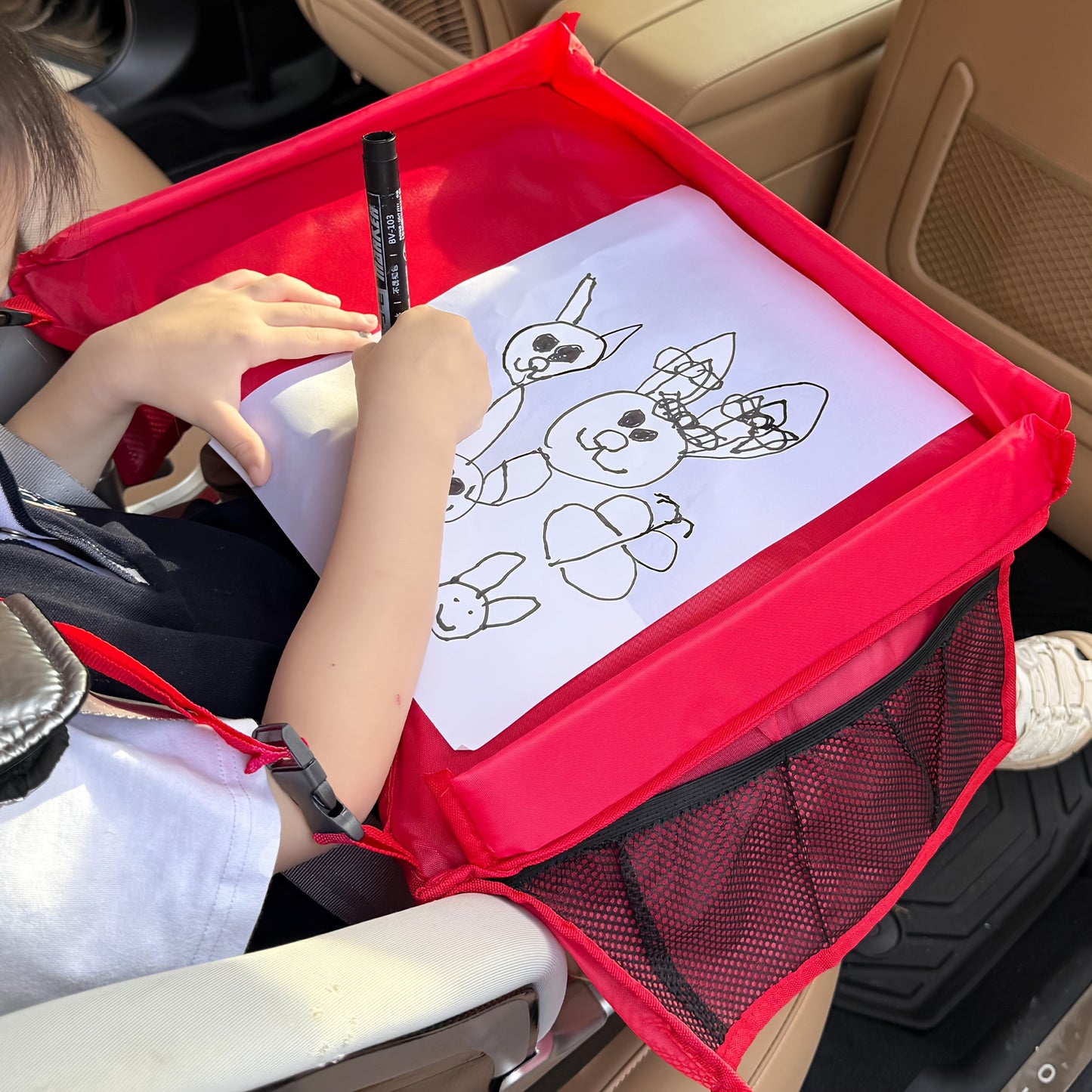 Foldable Polyester Car Seat Travel Tray With Pockets