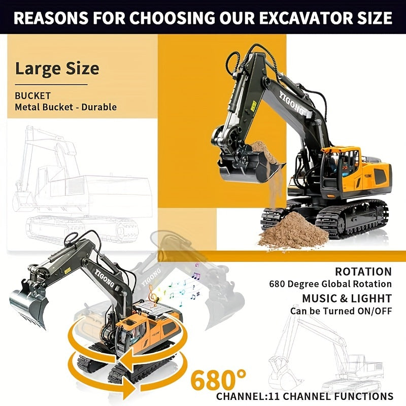 YIGONG 9-Channel Remote Control Excavator Toy with Lights and Sounds