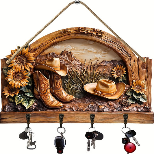 2D Flat Sunflower Cowboy Hat Wood Key Hanger Wall Decor