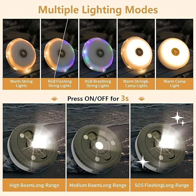 4 In 1 Camping String Lights USB Rechargeable Portable RGB