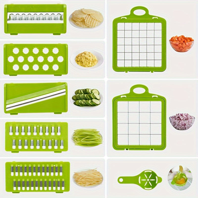 14 Piece Set Upgraded Vegetable Chopper Multifunctional Fruit Slicer Handle Food Grater Vegetable Slicer Cutter With Container Onion Mincer Chopper With Multiple Interchangeable Blades Household Potato Shredder Kitchen