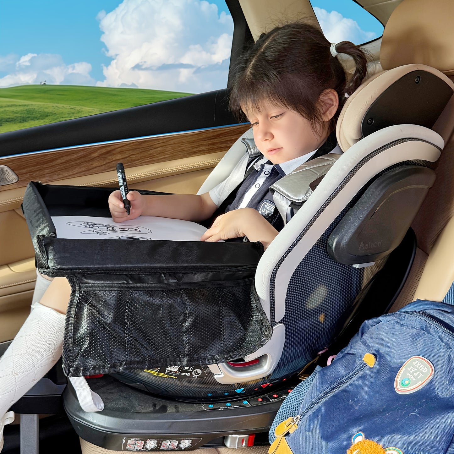 Foldable Polyester Car Seat Travel Tray With Pockets