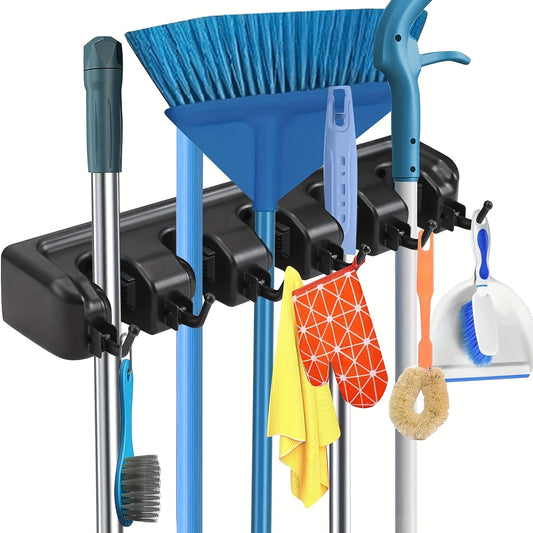 Wall Mounted Broom Rack With Clips And Hooks For Organization