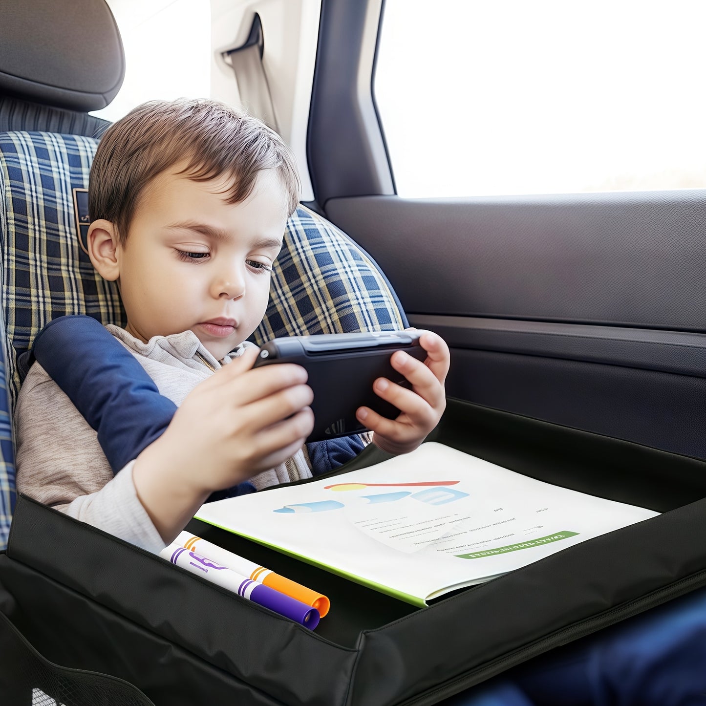 Foldable Polyester Car Seat Travel Tray With Pockets