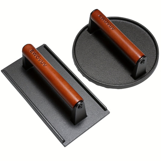 2 Pieces Burger Press Set Heavy Duty Cast Iron Round and Rectangle Meat Smash Press with Wood Handle for Griddle and Nonstick Pan