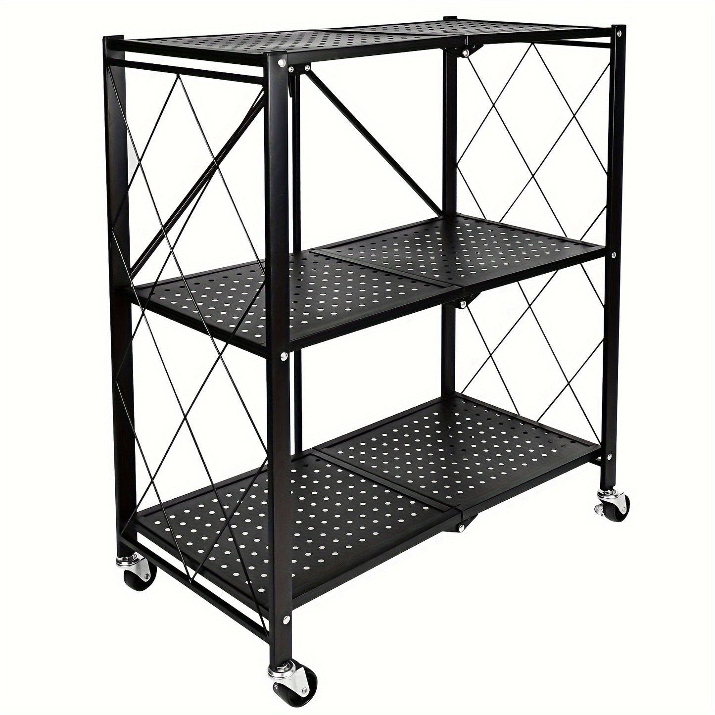 Heavy Duty 3-Tier Foldable Metal Rack with Wheels Black Storage