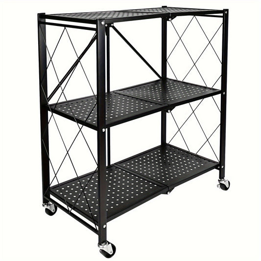 Heavy Duty 3-Tier Foldable Metal Rack with Wheels Black Storage