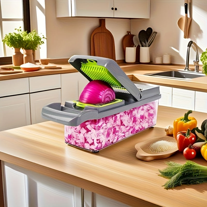 14 Piece Set Upgraded Vegetable Chopper Multifunctional Fruit Slicer Handle Food Grater Vegetable Slicer Cutter With Container Onion Mincer Chopper With Multiple Interchangeable Blades Household Potato Shredder Kitchen