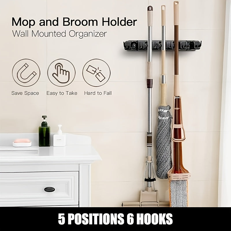 Wall Mounted Broom Rack With Clips And Hooks For Organization