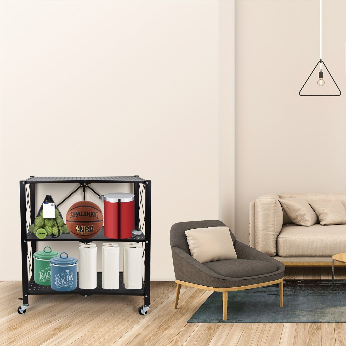 Heavy Duty 3-Tier Foldable Metal Rack with Wheels Black Storage