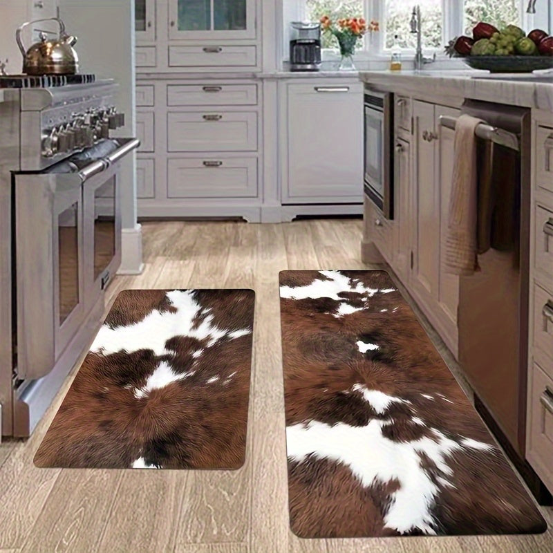 Brown and White Cow Print Kitchen Mat Set for Farmhouse Decor