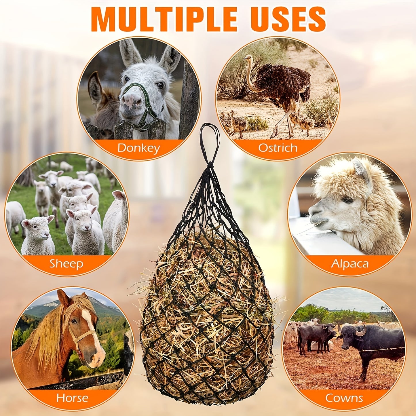 2PCS Durable Slow Feed Hay Nets for Horses Sheep and Donkeys Red Blue Black PE Material with Rope Handles Hexagonal Design for Easy Filling and Slow Feeding
