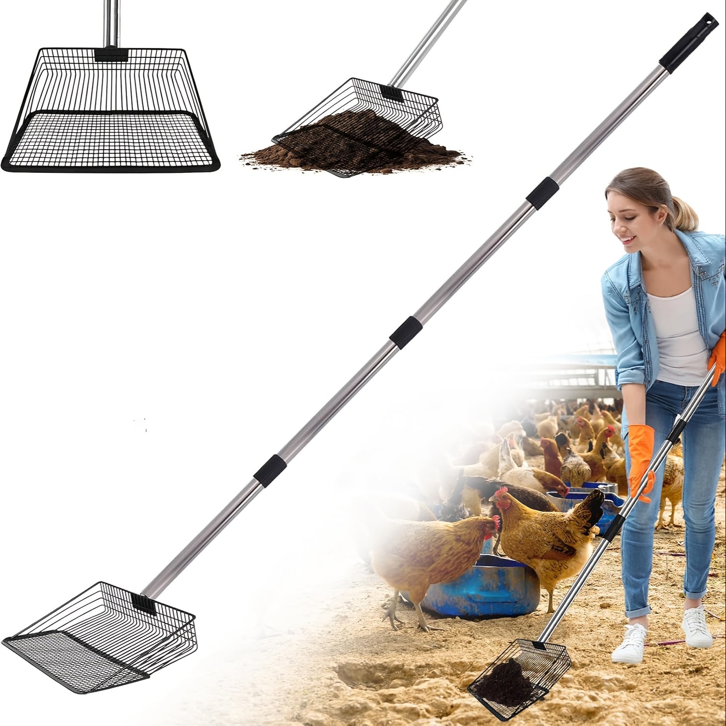 Large Metal Chicken Poop Scooper with Adjustable Handle