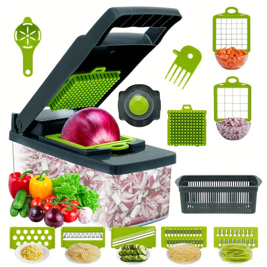 14 Piece Set Upgraded Vegetable Chopper Multifunctional Fruit Slicer Handle Food Grater Vegetable Slicer Cutter With Container Onion Mincer Chopper With Multiple Interchangeable Blades Household Potato Shredder Kitchen