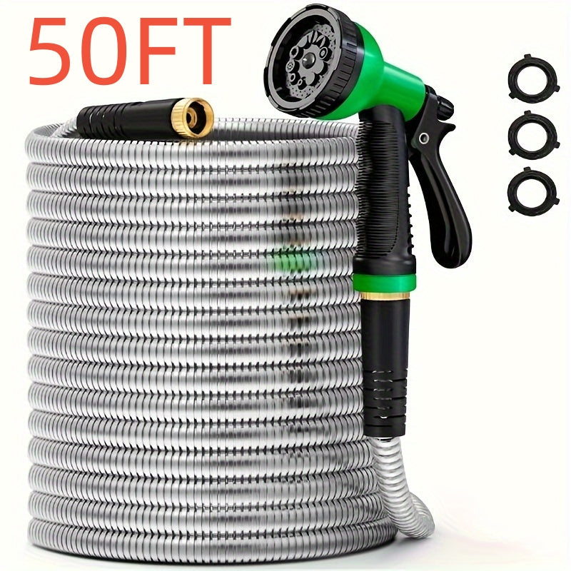 100ft Heavy Duty Stainless Garden Hose With 10 Nozzles