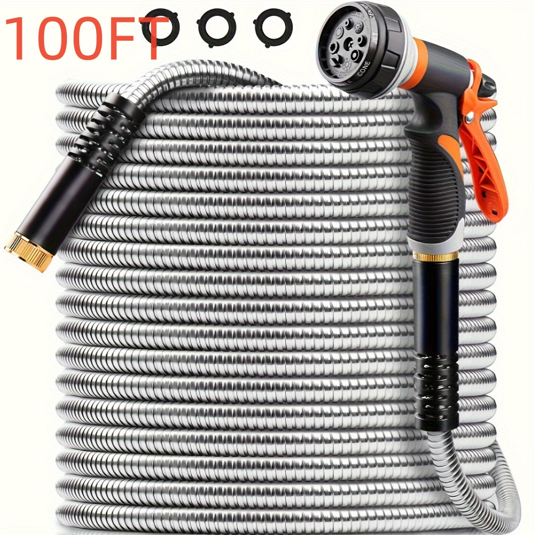 100ft Heavy Duty Stainless Garden Hose With 10 Nozzles