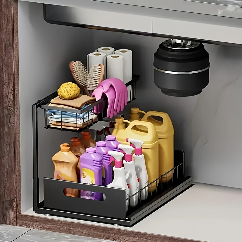 Two Tier Sliding Under Sink Organizer For Kitchen Cabinets