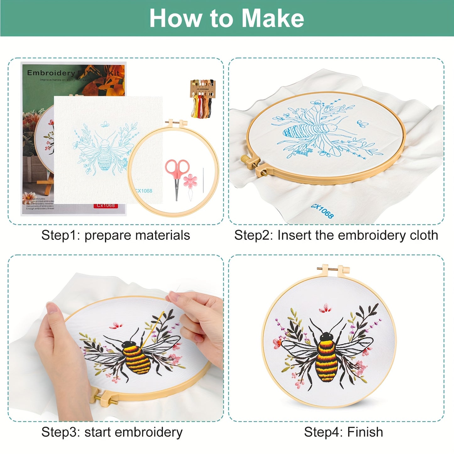4pcs Bee Pattern Embroidery Kit for Beginners DIY Craft Set