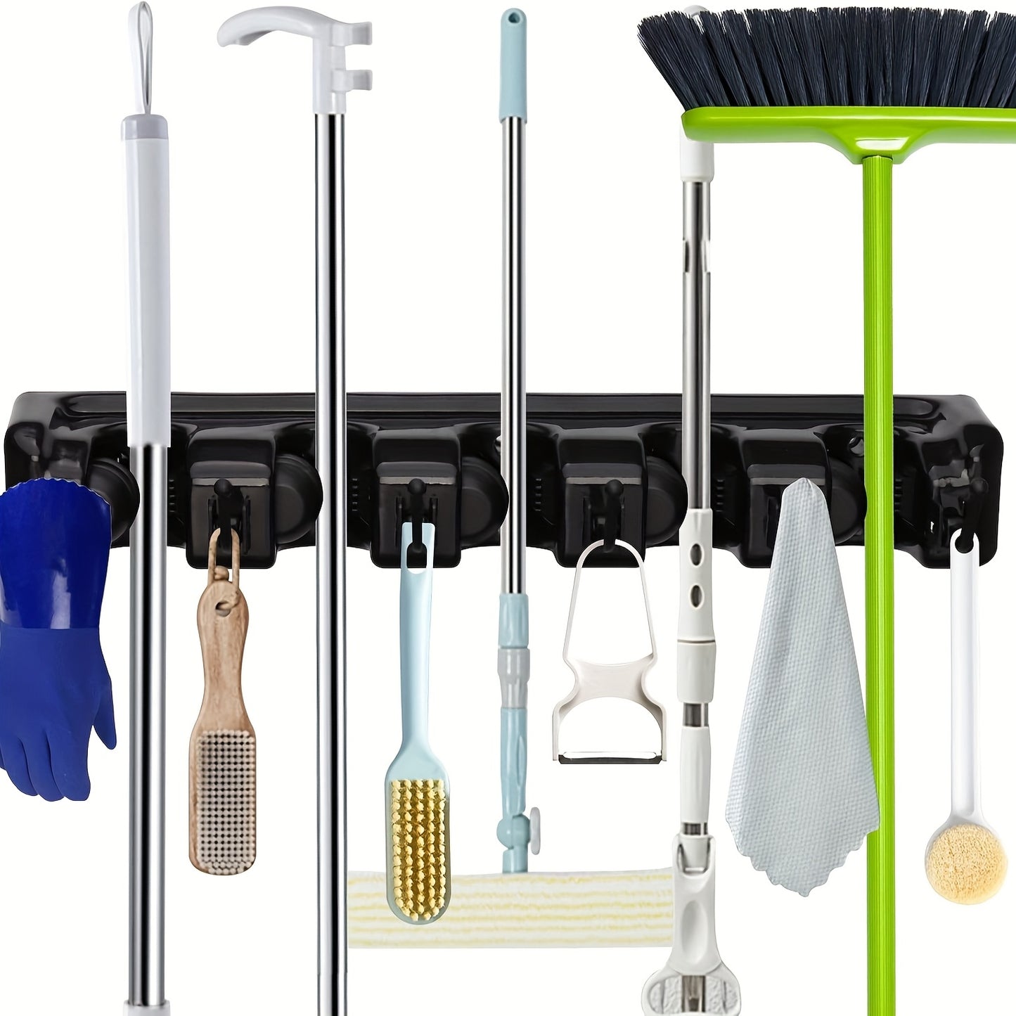 Wall Mounted Broom Rack With Clips And Hooks For Organization