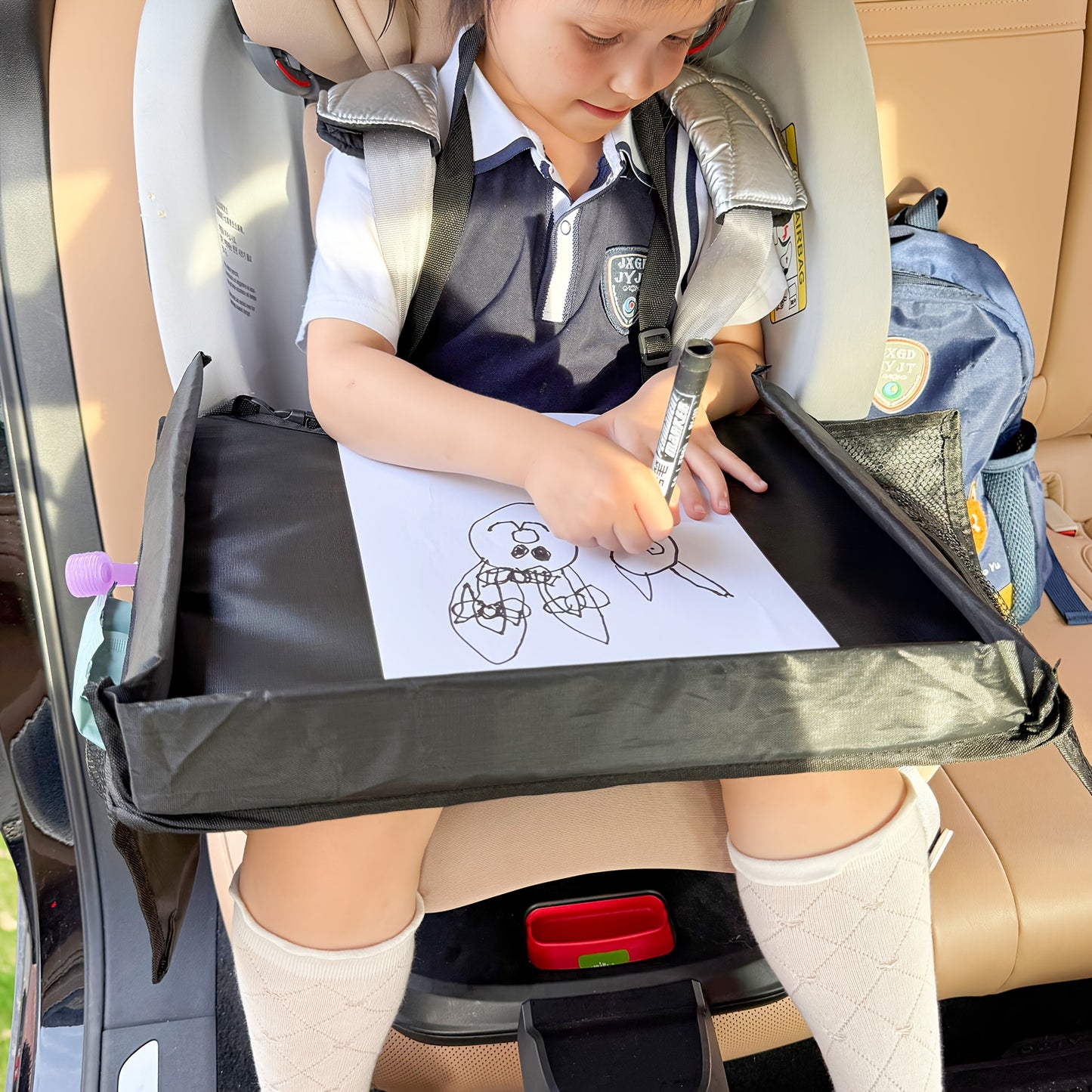 Foldable Polyester Car Seat Travel Tray With Pockets