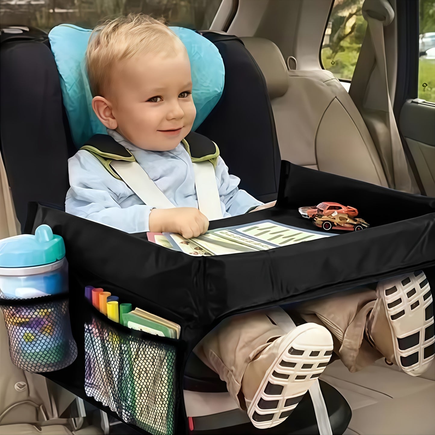 Foldable Polyester Car Seat Travel Tray With Pockets