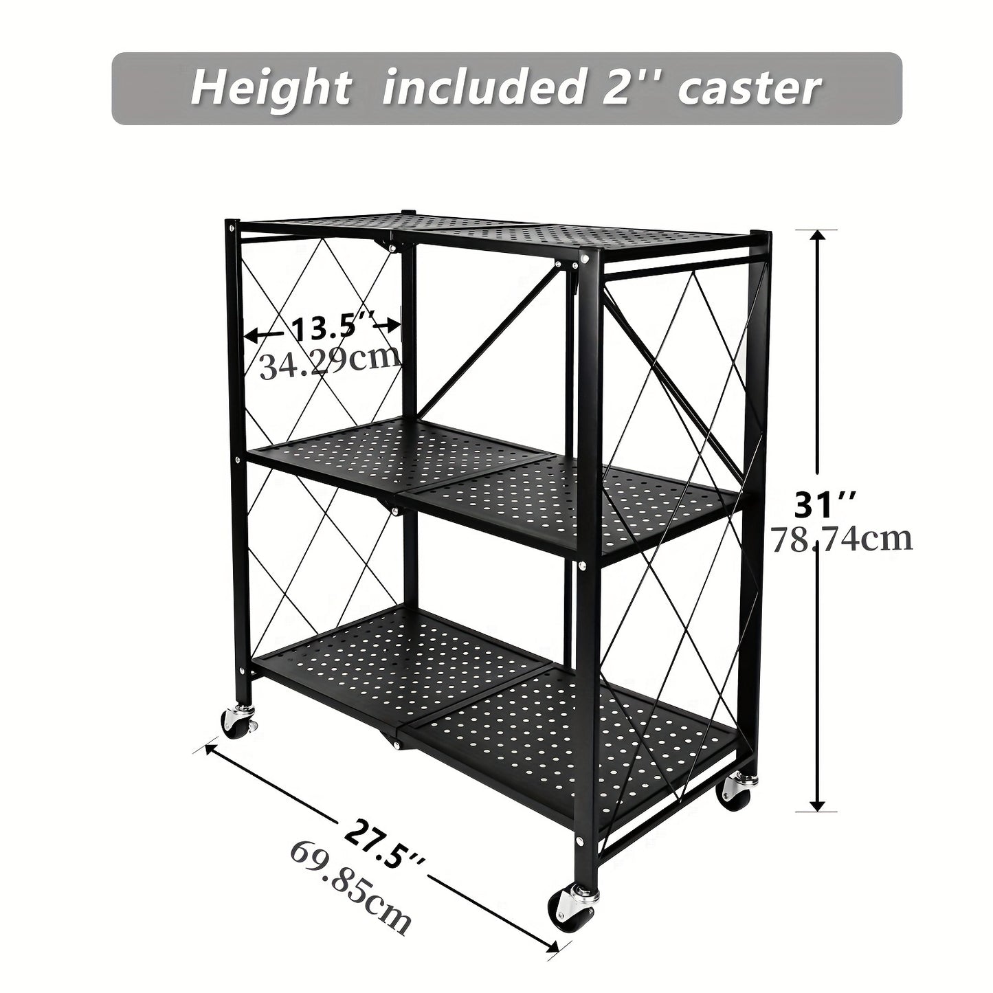 Heavy Duty 3-Tier Foldable Metal Rack with Wheels Black Storage