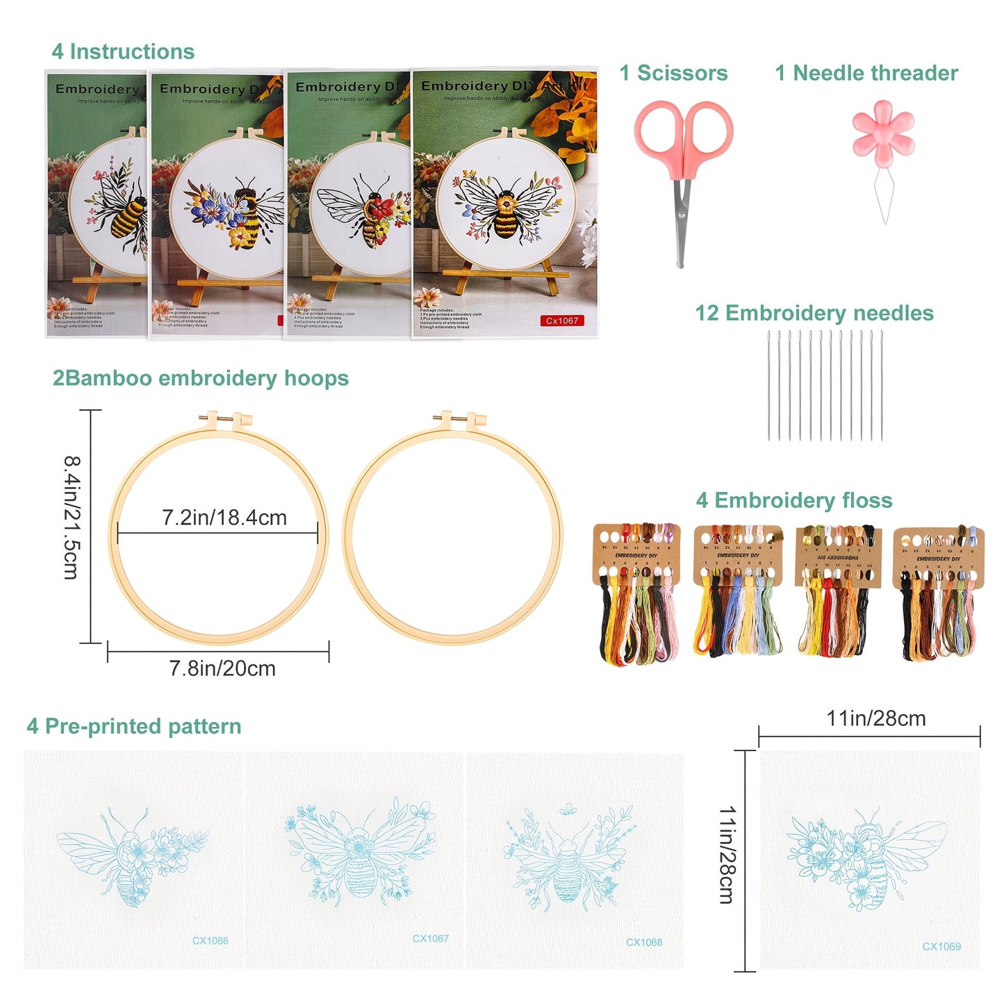 4pcs Bee Pattern Embroidery Kit for Beginners DIY Craft Set