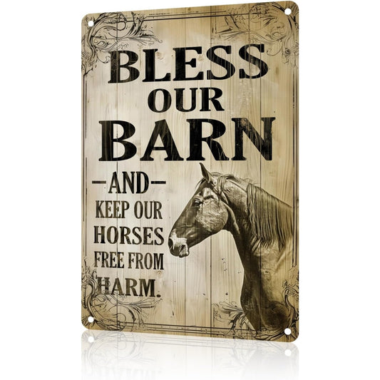 Bless Our Barn Horse Metal Sign Classic Wall Decoration 12x8 Inch