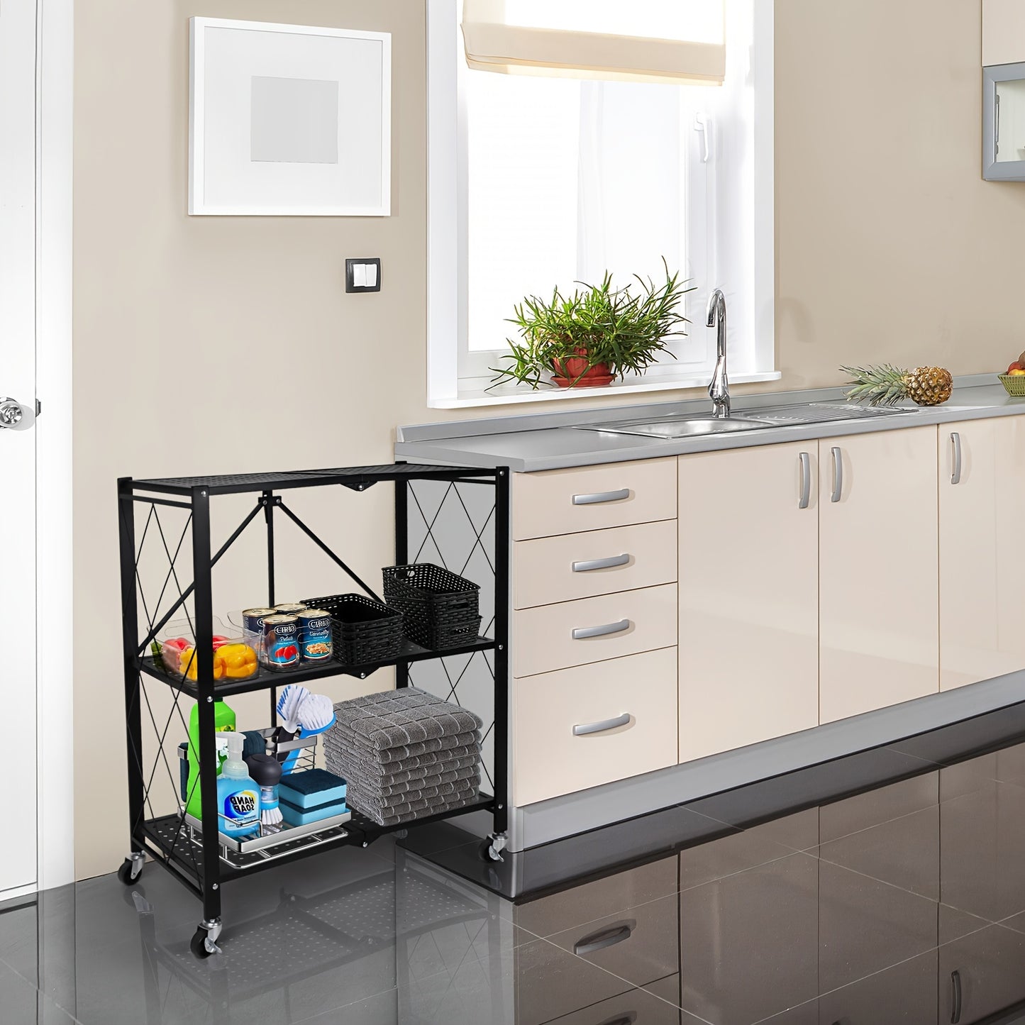 Heavy Duty 3-Tier Foldable Metal Rack with Wheels Black Storage