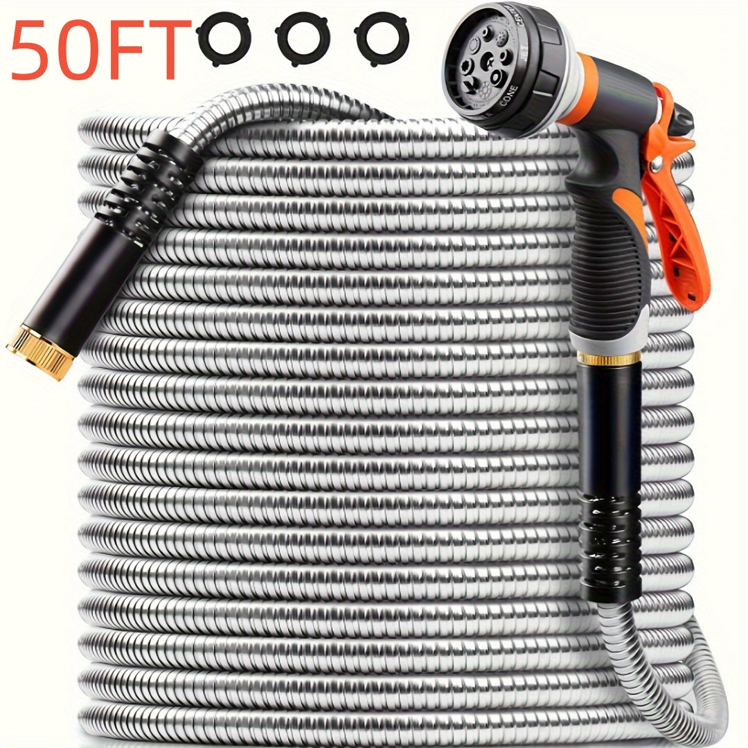 100ft Heavy Duty Stainless Garden Hose With 10 Nozzles