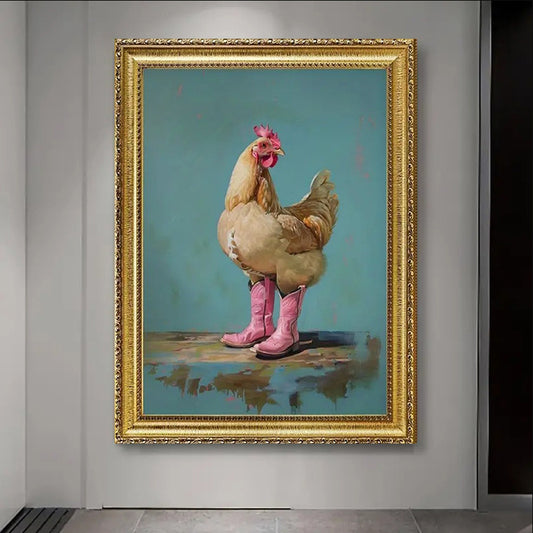 Whimsical Chicken in Pink Cowboy Boots Framed Canvas Art