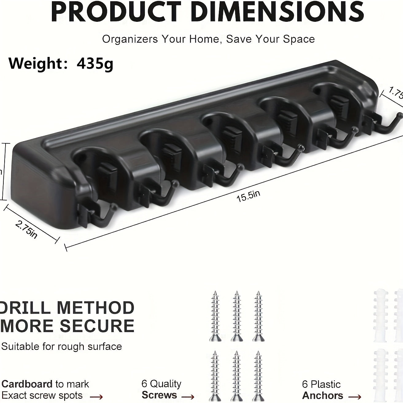 Wall Mounted Broom Rack With Clips And Hooks For Organization