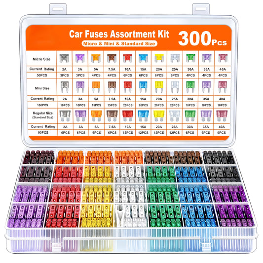 300 Piece Automotive Fuse Kit with Mini Blade Standard and Micro Fuses