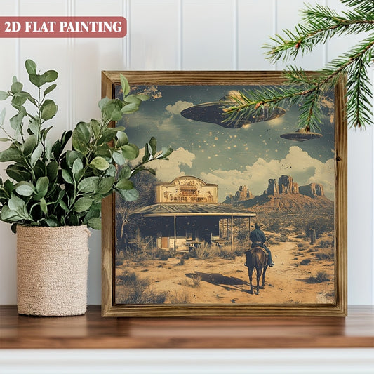 Vintage UFO Cowboy Wall Art Rustic Wooden Frame 8x8 Inch